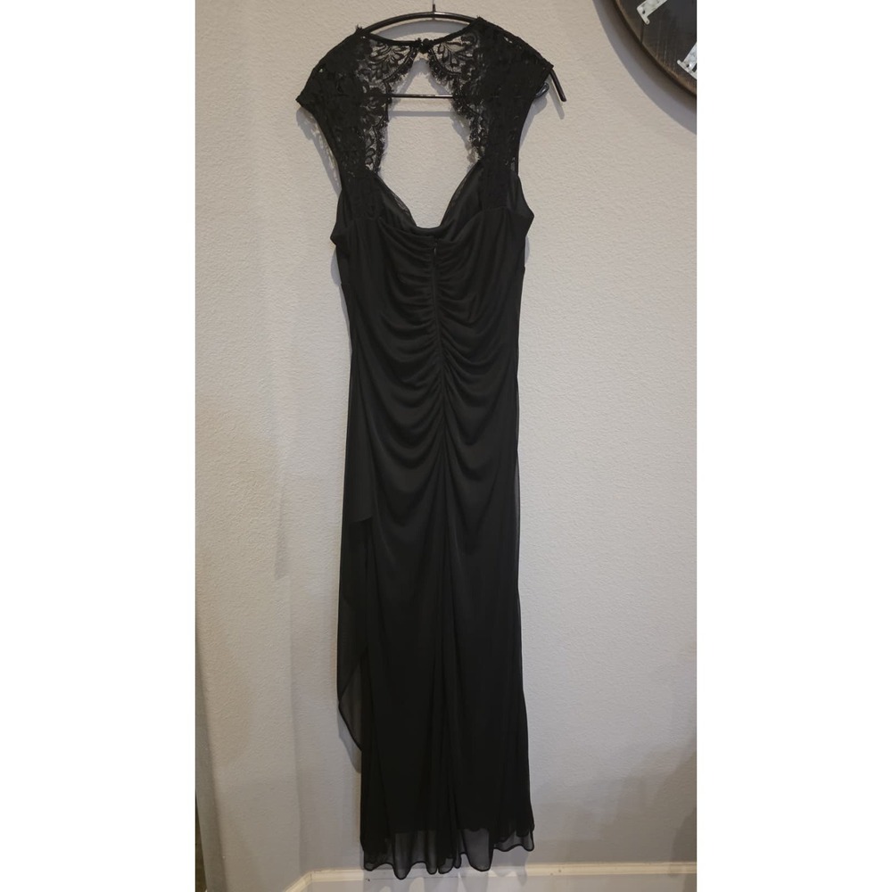 Xscape Black Lace Cap Sleeve Cowl Neck Ruched Maxi Gown Open Back Front Slit 12 - Picture 6 of 9